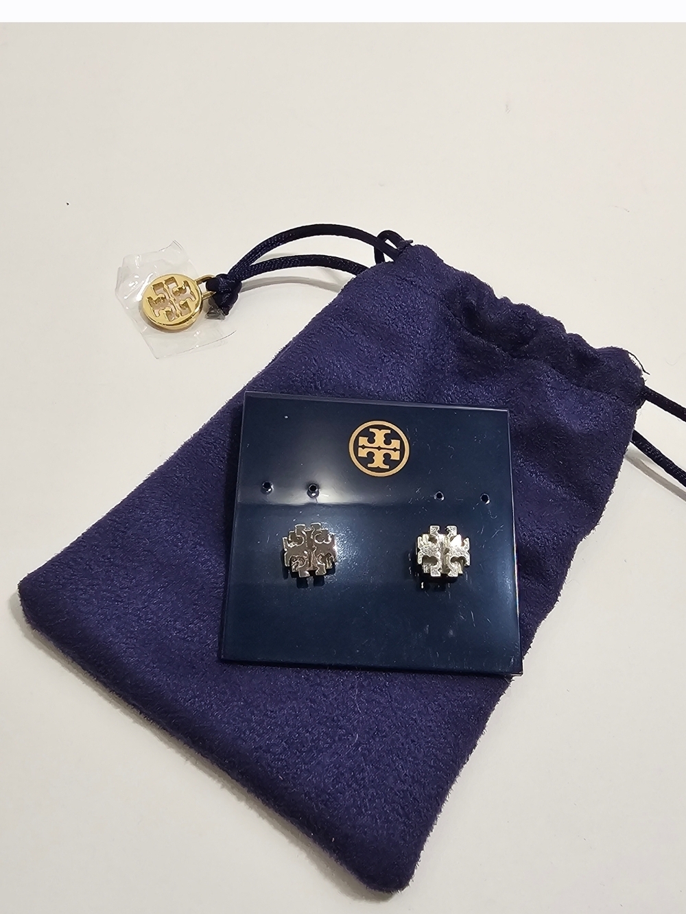 Tory Burch Eleanor Stacked 3D Logo Stud Earrings - Silver - Like New